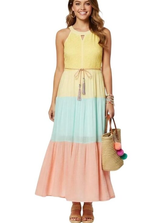 In Girl Dresses & Skirts - In Girl Women's Halter Neck Yellow Blue Pink Color Block Maxi Dress Size 12